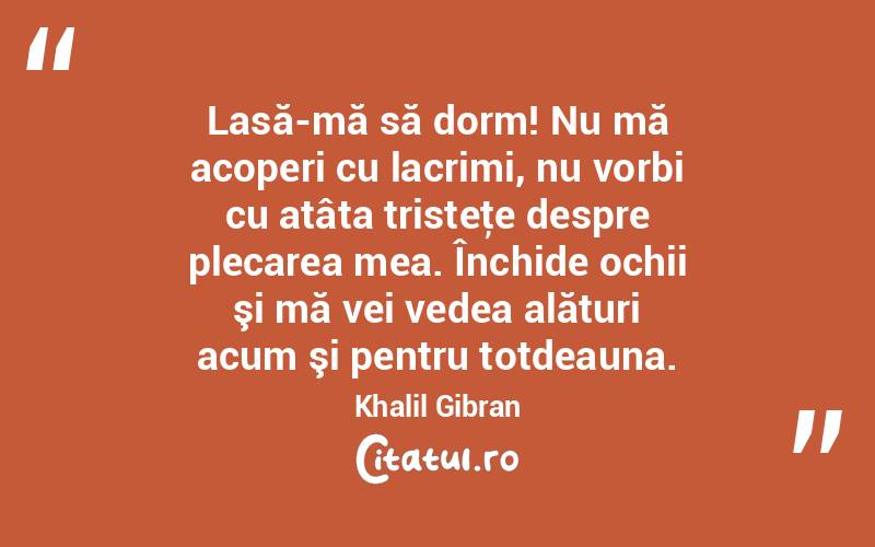  Lasă-mă să dorm! Nu mă acoperi cu lacrimi, nu vorbi cu atâta tristeţe despre plecarea mea. Închide ochii şi mă vei vedea alături acum şi pentru totdeauna. Khalil Gibran