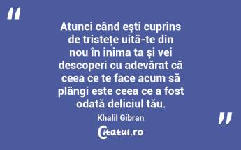 Atunci când eşti cuprins de tristeţe uită-te din nou în inima ta şi vei descoperi cu adevărat că ceea ce te face acum să plângi este ceea ce a fost odată deliciul tău. Khalil Gibran...