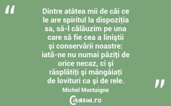 Dintre atâtea mii de căi ce le are spiritul la dispoziţia sa, să-l călăuzim pe una care să fie cea a liniştii şi conservării noastre: iată-ne nu numai păziţi de orice necaz, ci şi răsplătiţi şi mângâiaţi de lovituri ca şi de rele. Michel Montaigne...