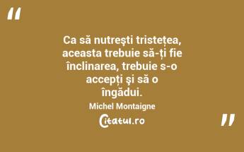Ca să nutreşti tristeţea, aceasta trebuie să-ţi fie înclinarea, trebuie s-o accepţi şi să o îngădui. Michel Montaigne...