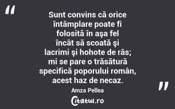 Sunt convins că orice întâmplare poate fi folosită în aşa fel încât să scoată şi lacrimi şi hohote de râs; mi se pare o trăsătură specifică poporului român, acest haz de necaz. Amza Pellea...