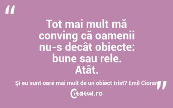    Tot mai mult mă conving că oamenii nu-s decât obiecte: bune sau rele. Atât. Şi eu sunt oare mai mult de un obiect trist? Emil Cioran...