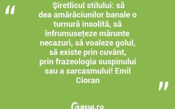  Şiretlicul stilului: să dea amărăciunilor banale o turnură insolită, să înfrumuseţeze mărunte necazuri, să voaleze golul, să existe prin cuvânt, prin frazeologia suspinului sau a sarcasmului! Emil Cioran...