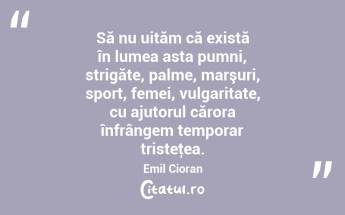 Să nu uităm că există în lumea asta pumni, strigăte, palme, marşuri, sport, femei, vulgaritate, cu ajutorul cărora înfrângem temporar tristeţea. Emil Cioran...
