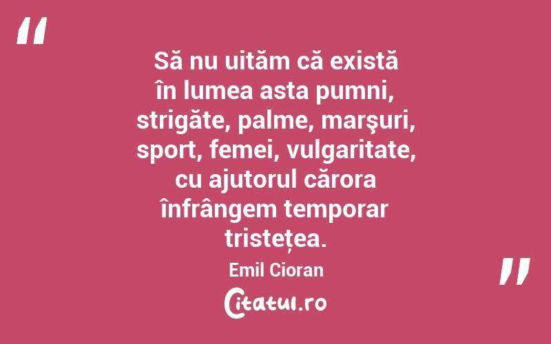  Să nu uităm că există în lumea asta pumni, strigăte, palme, marşuri, sport, femei, vulgaritate, cu ajutorul cărora înfrângem temporar tristeţea. Emil Cioran
