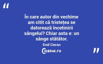  În care autor din vechime am citit că tristeţea se datorează încetinirii sângelui? Chiar asta e: un sânge stătător. Emil Cioran...