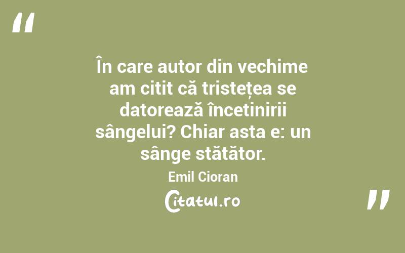  În care autor din vechime am citit că tristeţea se datorează încetinirii sângelui? Chiar asta e: un sânge stătător. Emil Cioran
