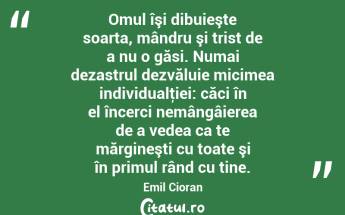 Omul îşi dibuieşte soarta, mândru şi trist de a nu o găsi. Numai dezastrul dezvăluie micimea individualţiei: căci în el încerci nemângâierea de a vedea ca te mărgineşti cu toate şi în primul rând cu tine. Emil Cioran...