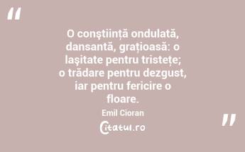O conştiinţă ondulată, dansantă, graţioasă: o laşitate pentru tristeţe; o trădare pentru dezgust, iar pentru fericire o floare. Emil Cioran...