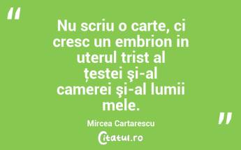 Nu scriu o carte, ci cresc un embrion in uterul trist al ţestei şi-al camerei şi-al lumii mele. Mircea Cartarescu...