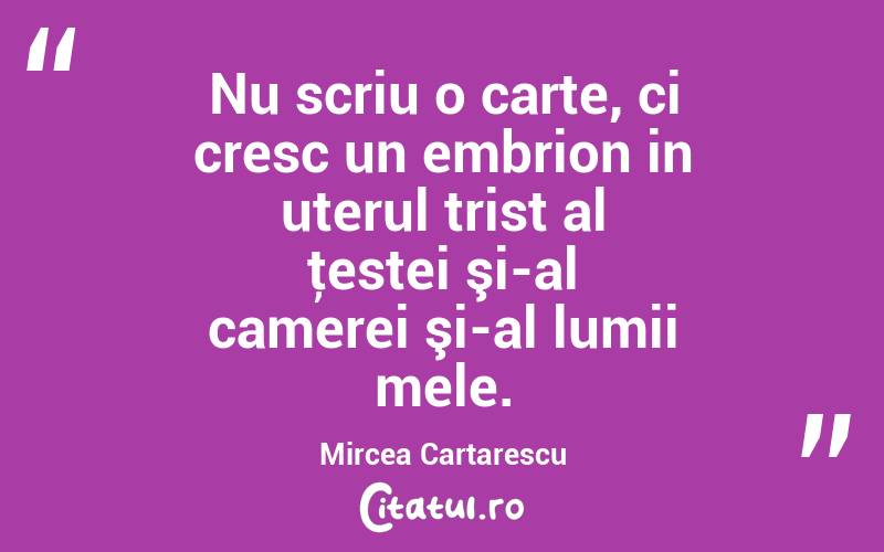 Nu scriu o carte, ci cresc un embrion in uterul trist al ţestei şi-al camerei şi-al lumii mele. Mircea Cartarescu
