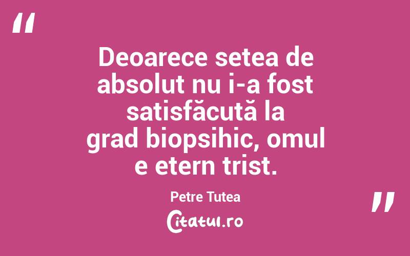   Deoarece setea de absolut nu i-a fost satisfăcută la grad biopsihic, omul e etern trist. Petre Țuțea