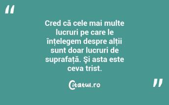  Cred că cele mai multe lucruri pe care le înţelegem despre alţii sunt doar lucruri de suprafaţă. Şi asta este ceva trist.  ...
