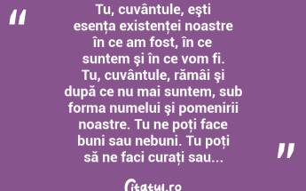 Tu, cuvântule, eşti esenţa existenţei noastre în ce am fost, în ce suntem şi în ce vom fi. Tu, cuvântule, rămâi şi după ce nu mai suntem, sub forma numelui şi pomenirii noastre. Tu ne poţi face buni sau nebuni. Tu poţi să ne faci curaţi sau...  ...