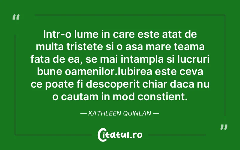 Intr-o lume in care este atat de multa tristete si o asa mare teama fata de ea, se mai intampla si lucruri bune oamenilor.Iubirea este ceva ce poate fi descoperit chiar daca nu o cautam in mod constient. Kathleen Quinlan