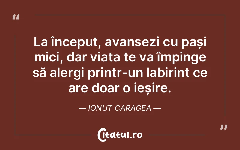La început, avansezi cu pași mici, dar viața te va împinge să alergi printr-un labirint ce are doar o ieșire. Ionut Caragea