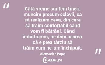 Câtă vreme suntem tineri, muncim precum sclavii, ca să realizam ceva, din care să trăim confortabil când vom fi bătrâni. Când îmbătrânim, ne dăm seama că e prea târziu să trăim cum ne-am închipuit.Alexander Pope...