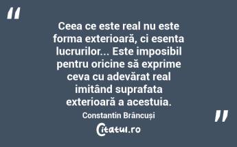 Ceea ce este real nu este forma exterioară, ci esența lucrurilor... Este imposibil pentru oricine să exprime ceva cu adevărat real imitând suprafața exterioară a acestuia. Constantin Brâncuși...