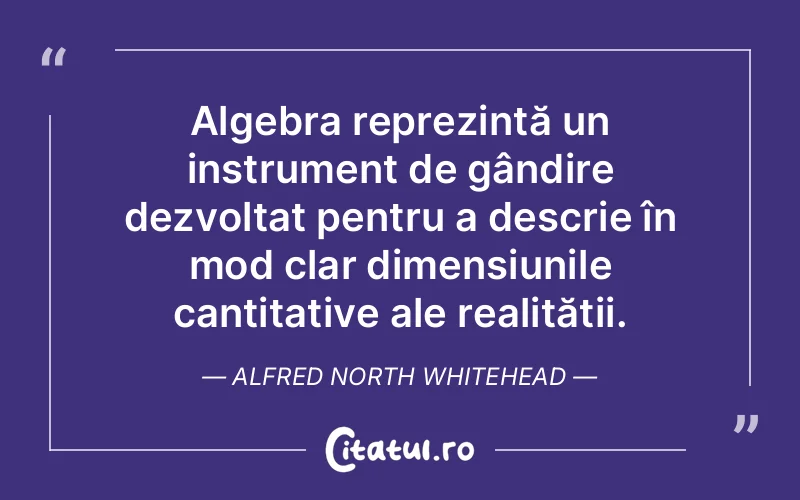 Algebra reprezintă un instrument de gândire dezvoltat pentru a descrie în mod clar dimensiunile cantitative ale realității. Alfred North Whitehead