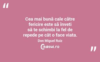Cea mai bună cale către fericire este să înveți să te schimbi la fel de repede pe cât o face viața. Don Miguel Ruiz...