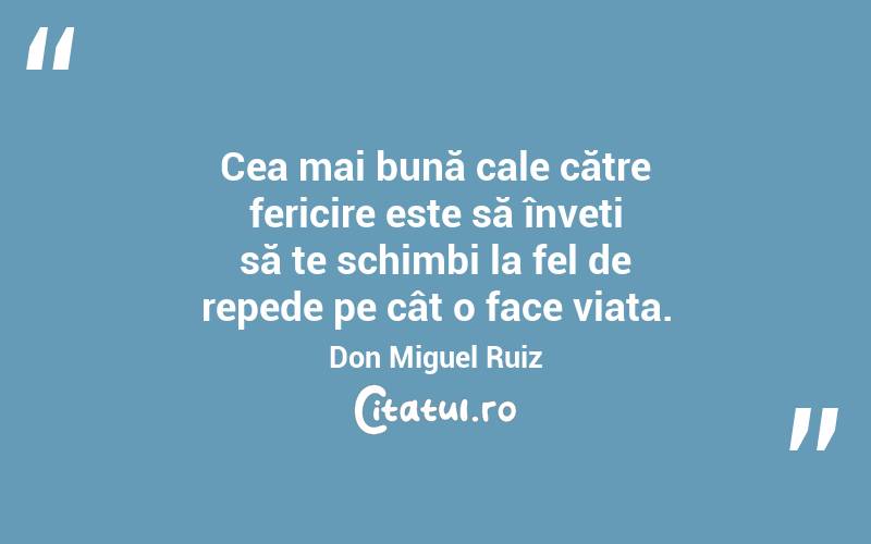 Cea mai bună cale către fericire este să înveți să te schimbi la fel de repede pe cât o face viața. Don Miguel Ruiz
