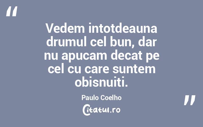 Vedem intotdeauna drumul cel bun, dar nu apucam decat pe cel cu care suntem obisnuiti.  Paulo Coelho