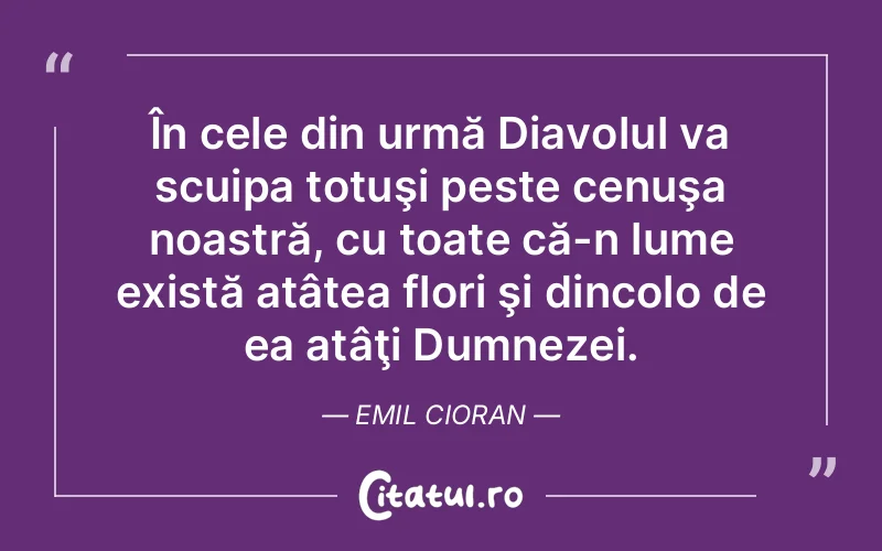 În cele din urmă Diavolul va scuipa totuşi peste cenuşa noastră, cu toate că-n lume există atâtea flori şi dincolo de ea atâţi Dumnezei. Emil Cioran