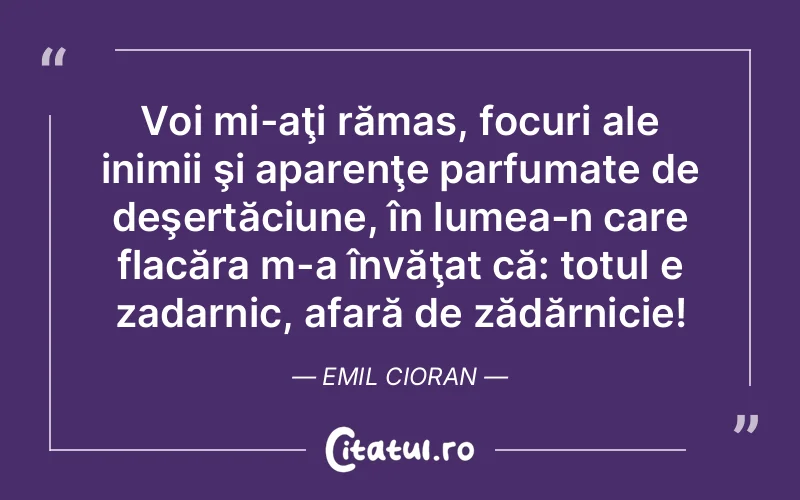 Voi mi-aţi rămas, focuri ale inimii şi aparenţe parfumate de deşertăciune, în lumea-n care flacăra m-a învăţat că: totul e zadarnic, afară de zădărnicie! Emil Cioran