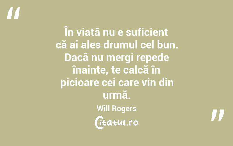 În viată nu e suficient că ai ales drumul cel bun. Dacă nu mergi repede înainte, te calcă în picioare cei care vin din urmă. Will Rogers
