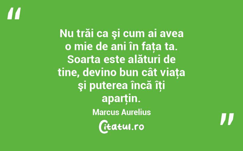 Nu trăi ca şi cum ai avea o mie de ani în faţa ta. Soarta este alături de tine, devino bun cât viaţa şi puterea încă îţi aparţin. Marcus Aurelius
