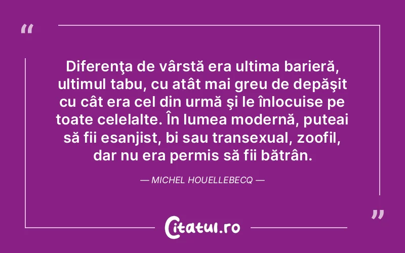 Diferenţa de vârstă era ultima barieră, ultimul tabu, cu atât mai greu de depăşit cu cât era cel din urmă şi le înlocuise pe toate celelalte. În lumea modernă, puteai să fii esanjist, bi sau transexual, zoofil, dar nu era permis să fii bătrân. Michel Houellebecq