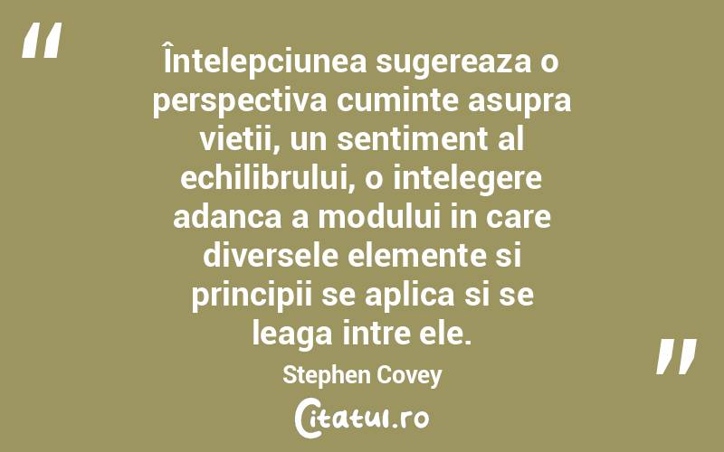 Întelepciunea sugereaza o perspectiva cuminte asupra vietii, un sentiment al echilibrului, o intelegere adanca a modului in care diversele elemente si principii se aplica si se leaga intre ele. Stephen Covey