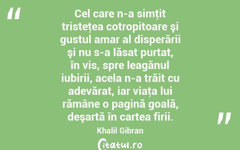 Cel care n-a simţit tristeţea cotropitoare şi gustul amar al disperării şi nu s-a lăsat purtat, în vis, spre leagănul iubirii, acela n-a trăit cu adevărat, iar viaţa lui rămâne o pagină goală, deşartă în cartea firii. Khalil Gibran
