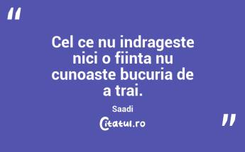 Cel ce nu indrageste nici o fiinta nu cunoaste bucuria de a trai.  Saadi...