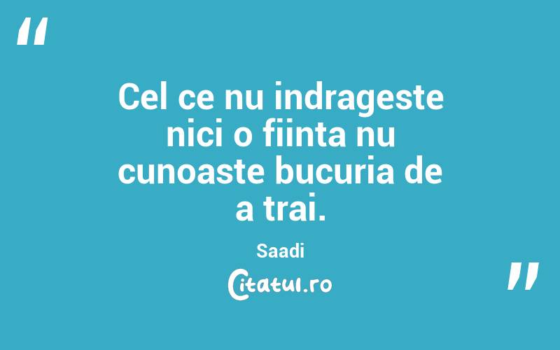 Cel ce nu indrageste nici o fiinta nu cunoaste bucuria de a trai.  Saadi

