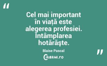 Cel mai important în viaţă este alegerea profesiei. Întâmplarea hotărăşte. Blaise Pascal...