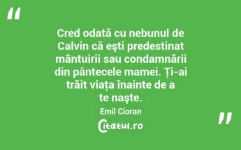 Cred odată cu nebunul de Calvin că eşti predestinat mântuirii sau condamnării din pântecele mamei. Ţi-ai trăit viaţa înainte de a te naşte. Emil Cioran...