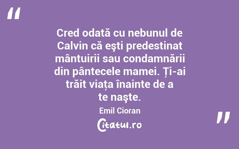 Cred odată cu nebunul de Calvin că eşti predestinat mântuirii sau condamnării din pântecele mamei. Ţi-ai trăit viaţa înainte de a te naşte. Emil Cioran
