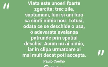 Viata este unoeri foarte zgarcita: trec zile, saptamani, luni si ani fara sa simti nimic nou. Totusi, odata ce se deschide o usa, o adevarata avalansa patrunde prin spatiul deschis. Acum nu ai nimic, iar in clipa urmatoare ai mai mult decat poti accepta.  Paulo Coelho...