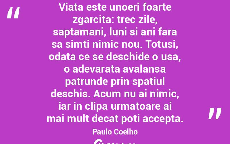 Viata este unoeri foarte zgarcita: trec zile, saptamani, luni si ani fara sa simti nimic nou. Totusi, odata ce se deschide o usa, o adevarata avalansa patrunde prin spatiul deschis. Acum nu ai nimic, iar in clipa urmatoare ai mai mult decat poti accepta.  Paulo Coelho