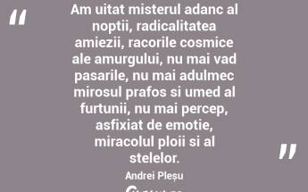 Am uitat misterul adanc al noptii, radicalitatea amiezii, racorile cosmice ale amurgului, nu mai vad pasarile, nu mai adulmec mirosul prafos si umed al furtunii, nu mai percep, asfixiat de emotie, miracolul ploii si al stelelor. Andrei Pleșu...
