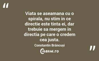 Viata se aseamana cu o spirala, nu stim in ce directie este tinta ei, dar trebuie sa mergem in directia pe care o credem cea justa. Constantin Brâncuși...