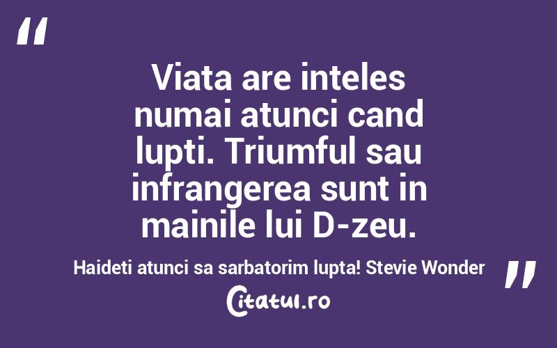 Viata are inteles numai atunci cand lupti. Triumful sau infrangerea sunt in mainile lui D-zeu. Haideti atunci sa sarbatorim lupta! Stevie Wonder