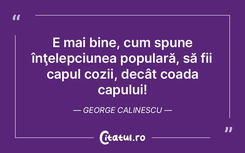 E mai bine, cum spune înţelepciunea populară, să fii capul cozii, decât coada capului! George Calinescu