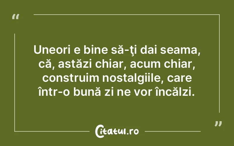 Uneori e bine să-ţi dai seama, că, astăzi chiar, acum chiar, construim nostalgiile, care într-o bună zi ne vor încălzi.