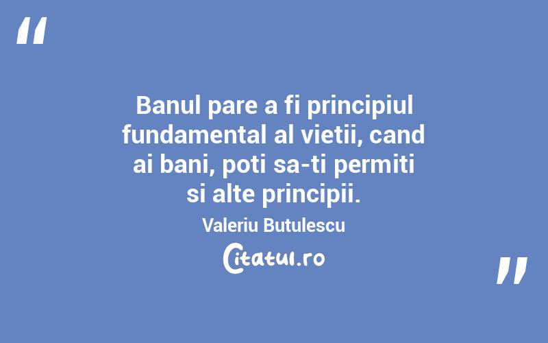Banul pare a fi principiul fundamental al vietii, cand ai bani, poti sa-ti permiti si alte principii. Valeriu Butulescu
