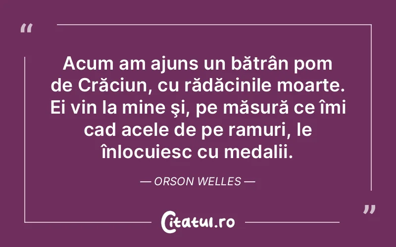 Acum am ajuns un bătrân pom de Crăciun, cu rădăcinile moarte. Ei vin la mine şi, pe măsură ce îmi cad acele de pe ramuri, le înlocuiesc cu medalii. Orson Welles
