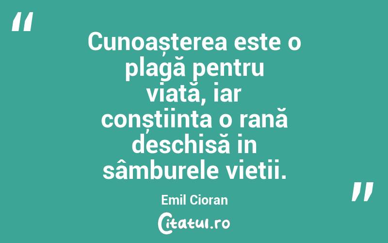 Cunoașterea este o plagă pentru viață, iar conștiința o rană deschisă in sâmburele vieții. Emil Cioran
