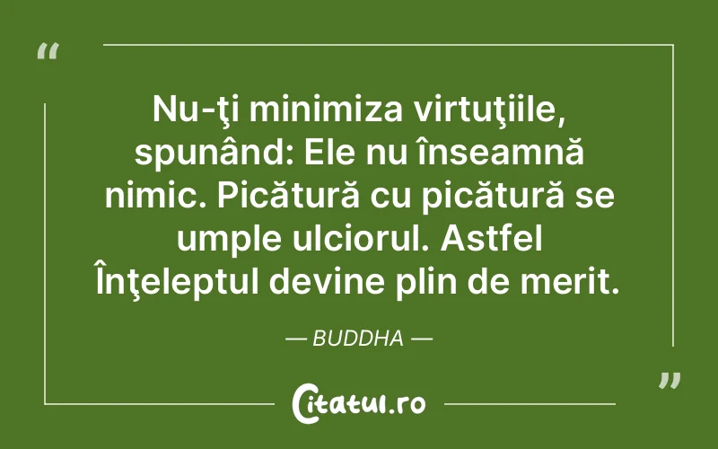 Nu-ţi minimiza virtuţiile, spunând: Ele nu înseamnă nimic. Picătură cu picătură se umple ulciorul. Astfel Înţeleptul devine plin de merit. Buddha