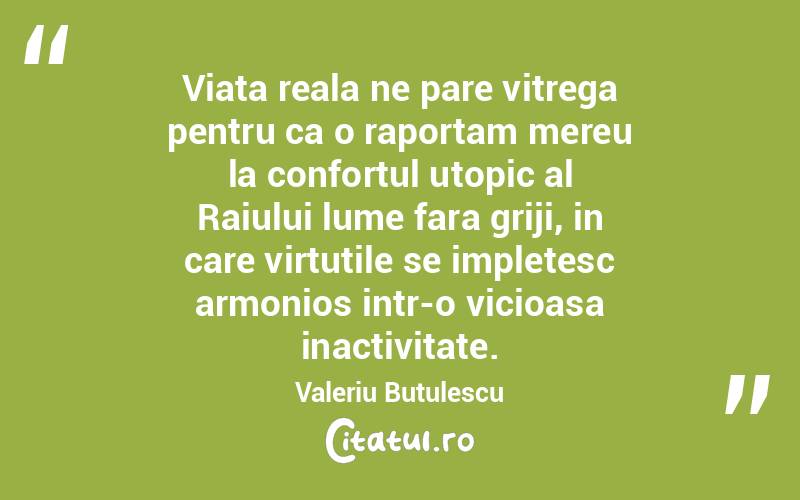 Viata reala ne pare vitrega pentru ca o raportam mereu la confortul utopic al Raiului lume fara griji, in care virtutile se impletesc armonios intr-o vicioasa inactivitate. Valeriu Butulescu